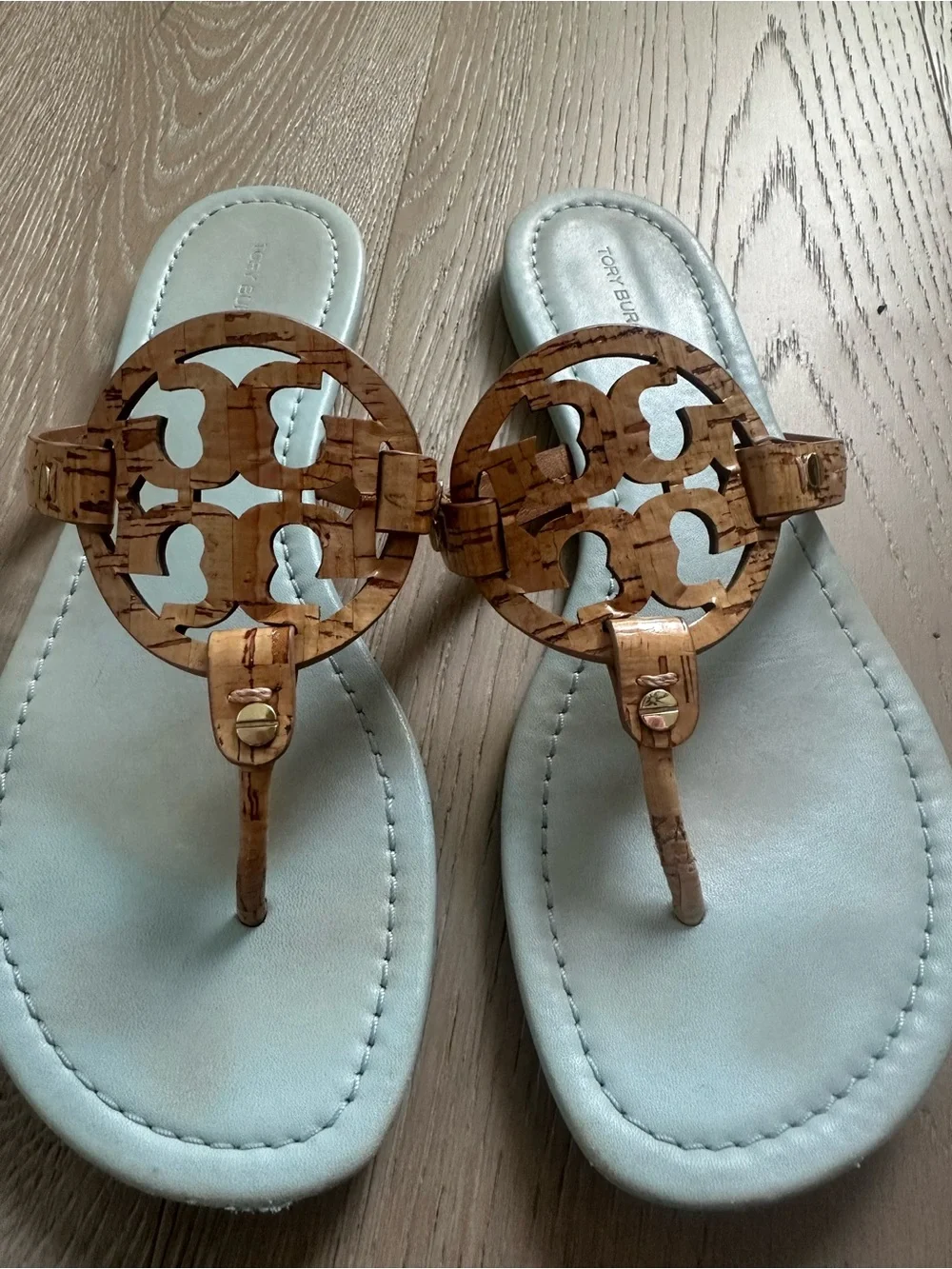 Tory Burch Light Blue Footbed Cork Logo Thong Sandals